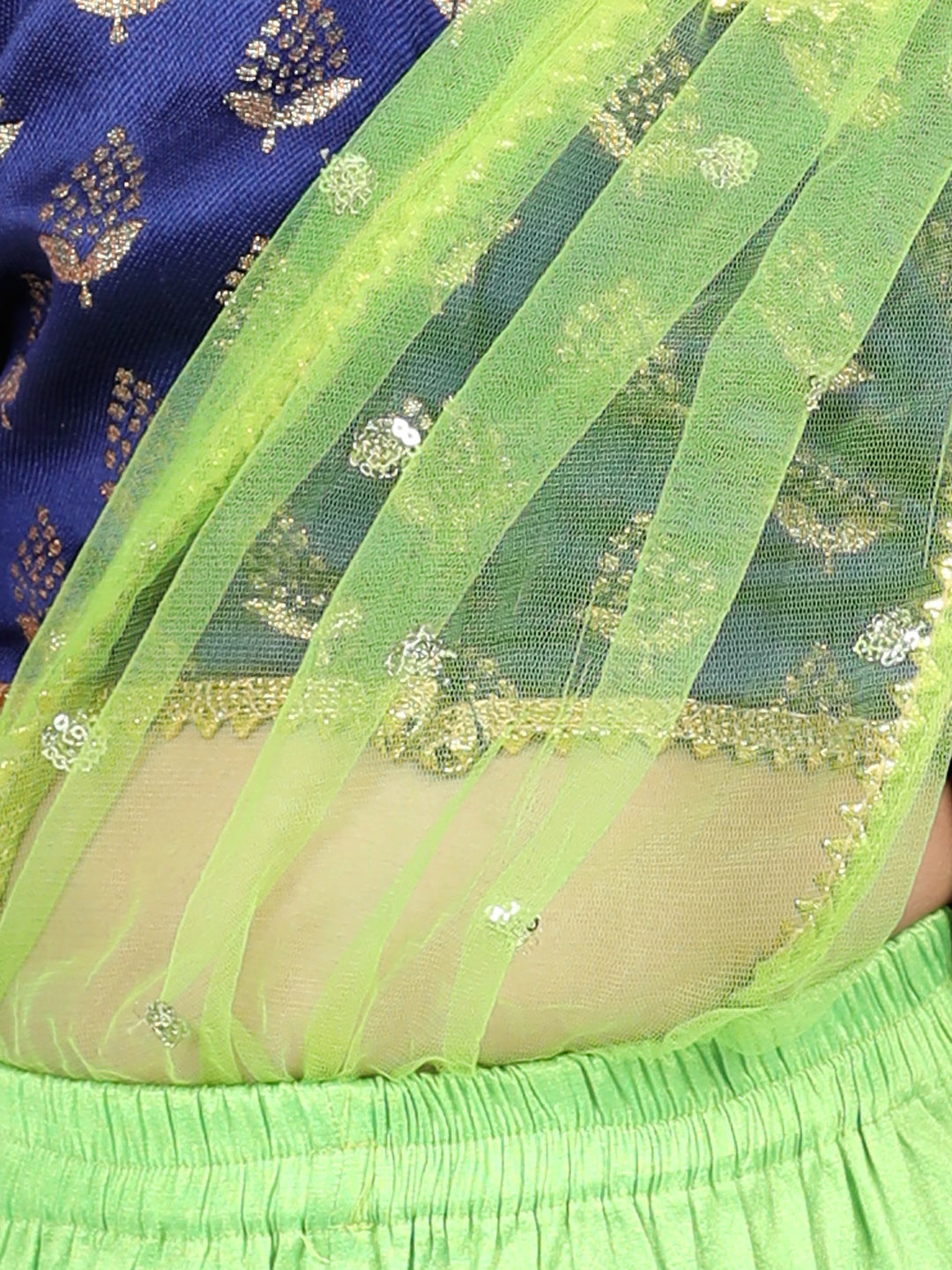 BownBee Sibling set Full Sleeve Jacquard Sherwani and Jacquard Top and Dhoti with attached Dupatta-Blue
