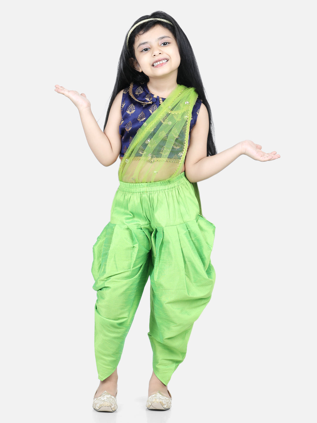 BownBee Sibling set Full Sleeve Jacquard Sherwani and Jacquard Top and Dhoti with attached Dupatta-Blue