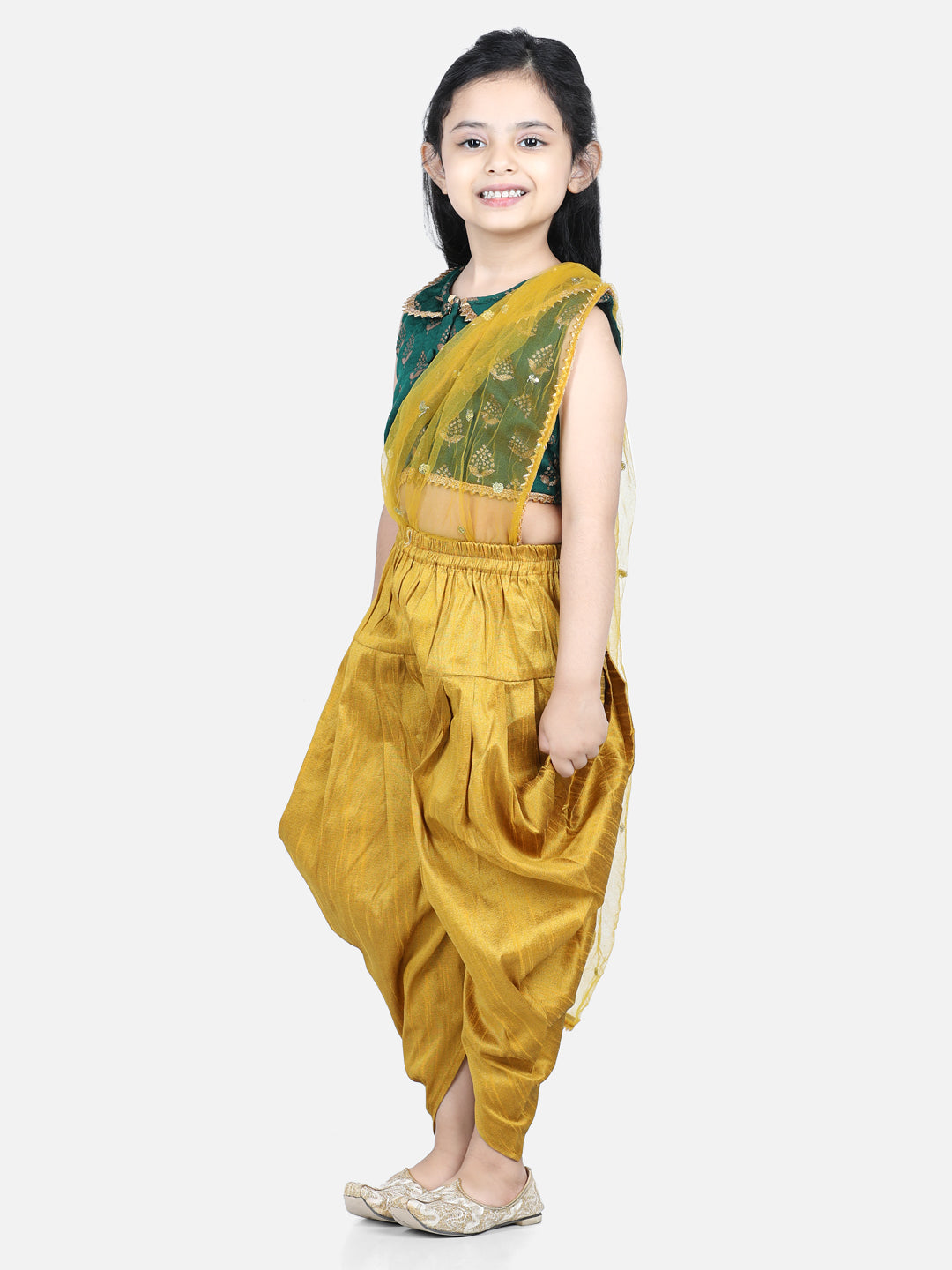 BownBee Sibling set Full Sleeve Jacquard Sherwani and Jacquard Top and Dhoti with attached Dupatta-Green