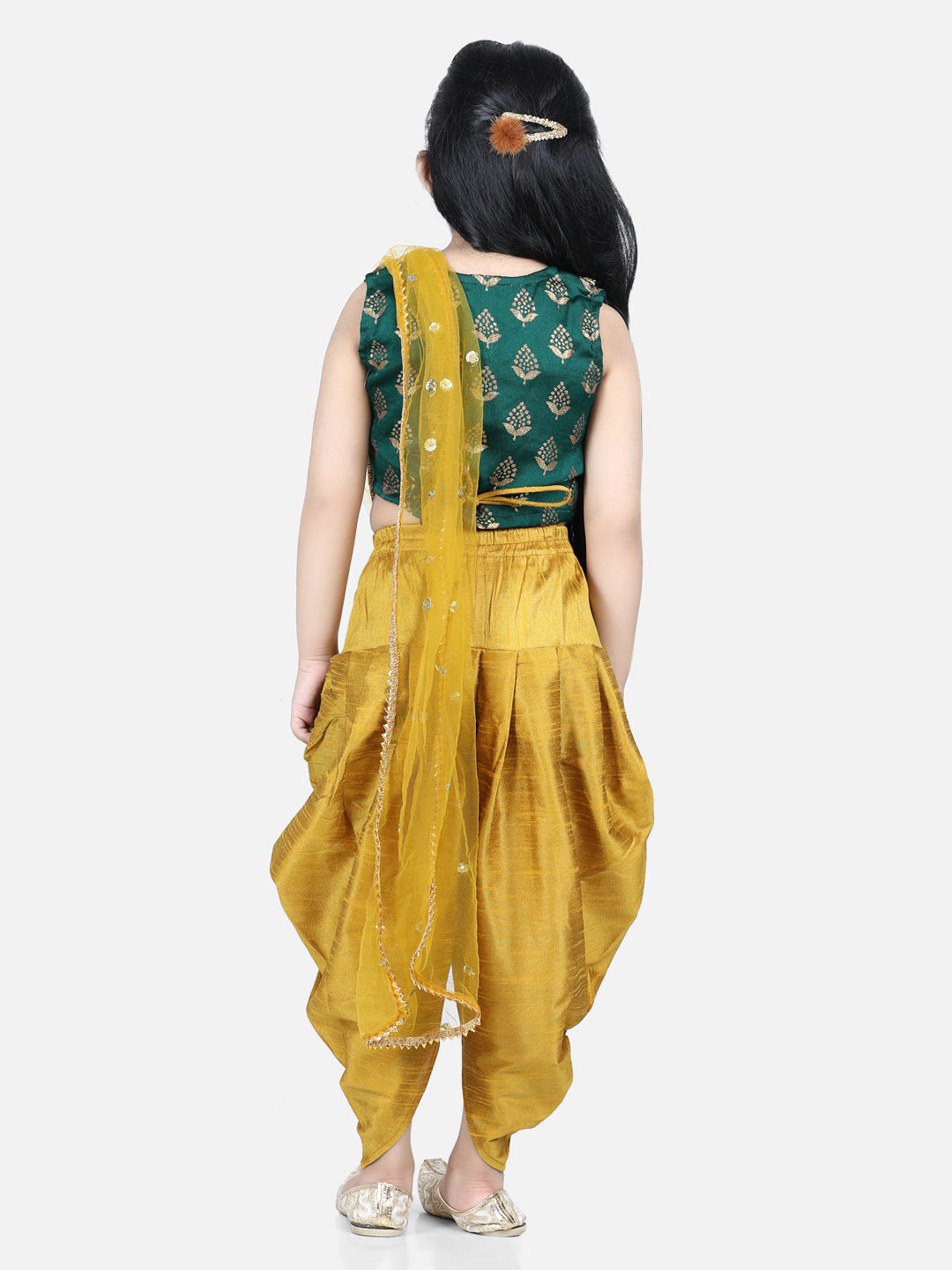 BownBee Sibling set Full Sleeve Jacquard Sherwani and Jacquard Top and Dhoti with attached Dupatta-Green