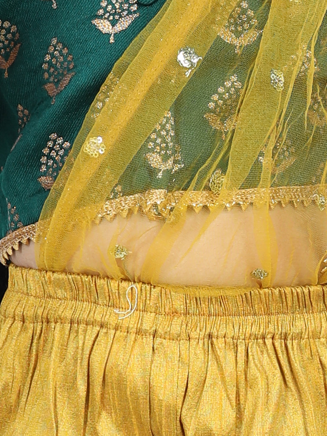 BownBee Sibling set Full Sleeve Jacquard Sherwani and Jacquard Top and Dhoti with attached Dupatta-Green