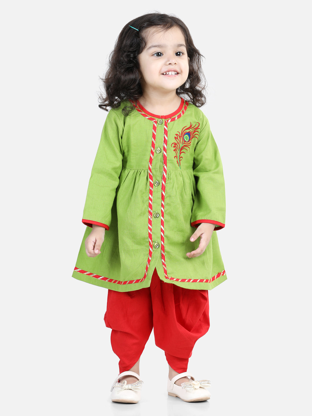 Bownbee Cotton Embroidered Top Dhoti For Girls - Green