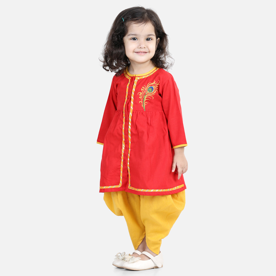 Bownbee Cotton Embroidered Top Dhoti For Girls -Red