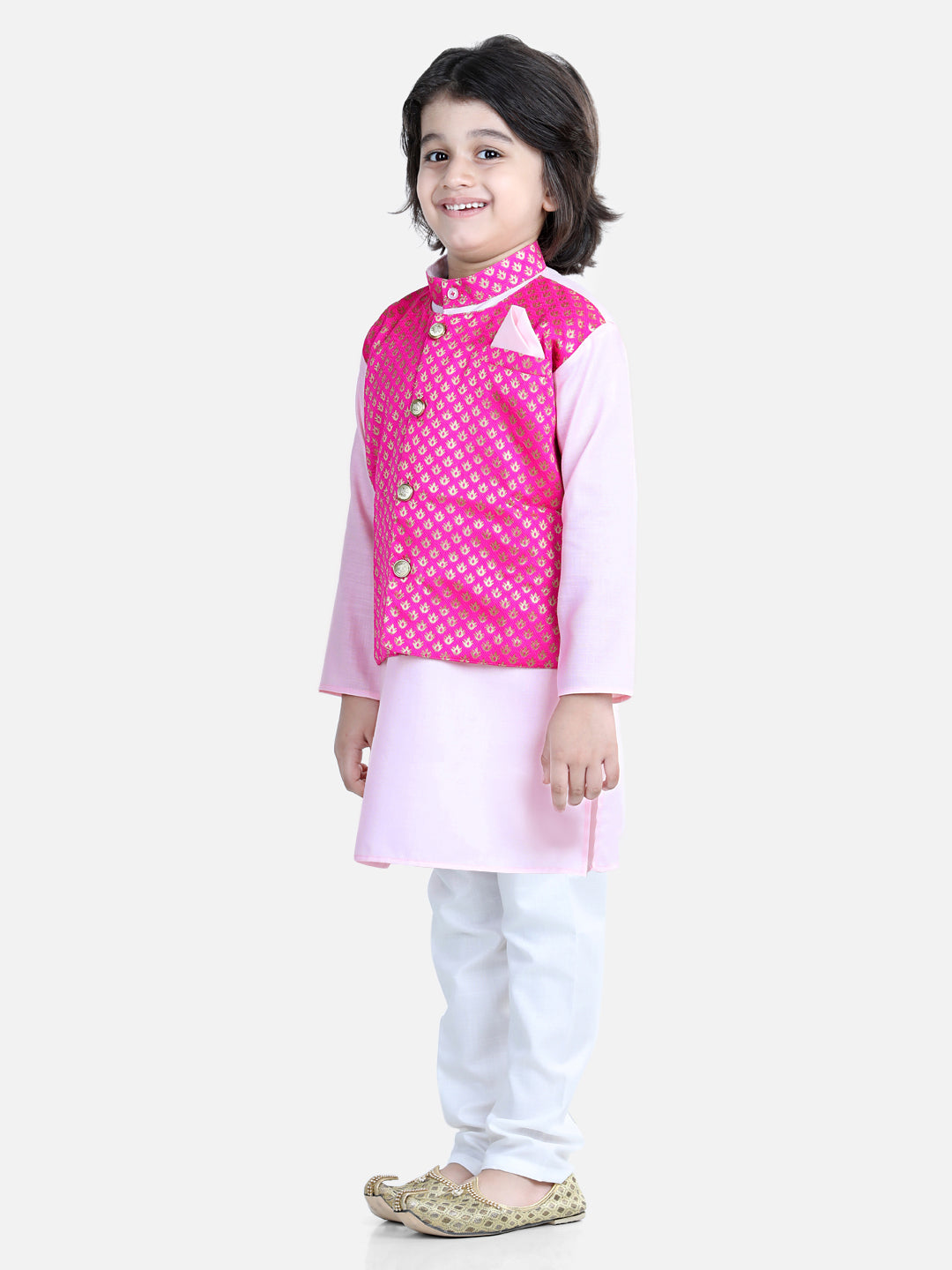 BownBee Full Sleeves Solid Kurta And Pyjama With Sleeveless Ethnic Motif Print Jacket- Pink