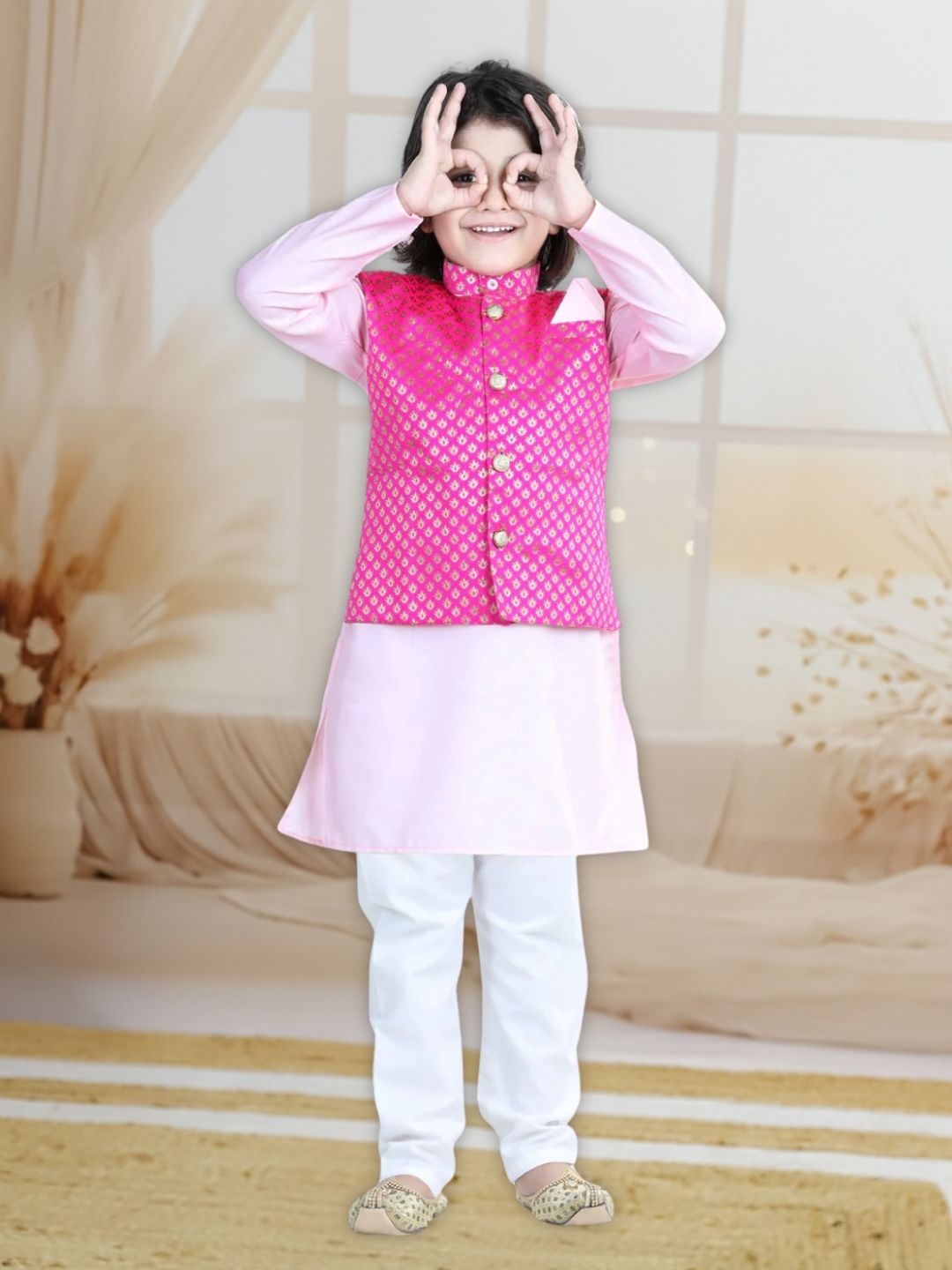 BownBee Attached Jacquard Jacket Kurta Pajama for Boys- Baby Pink