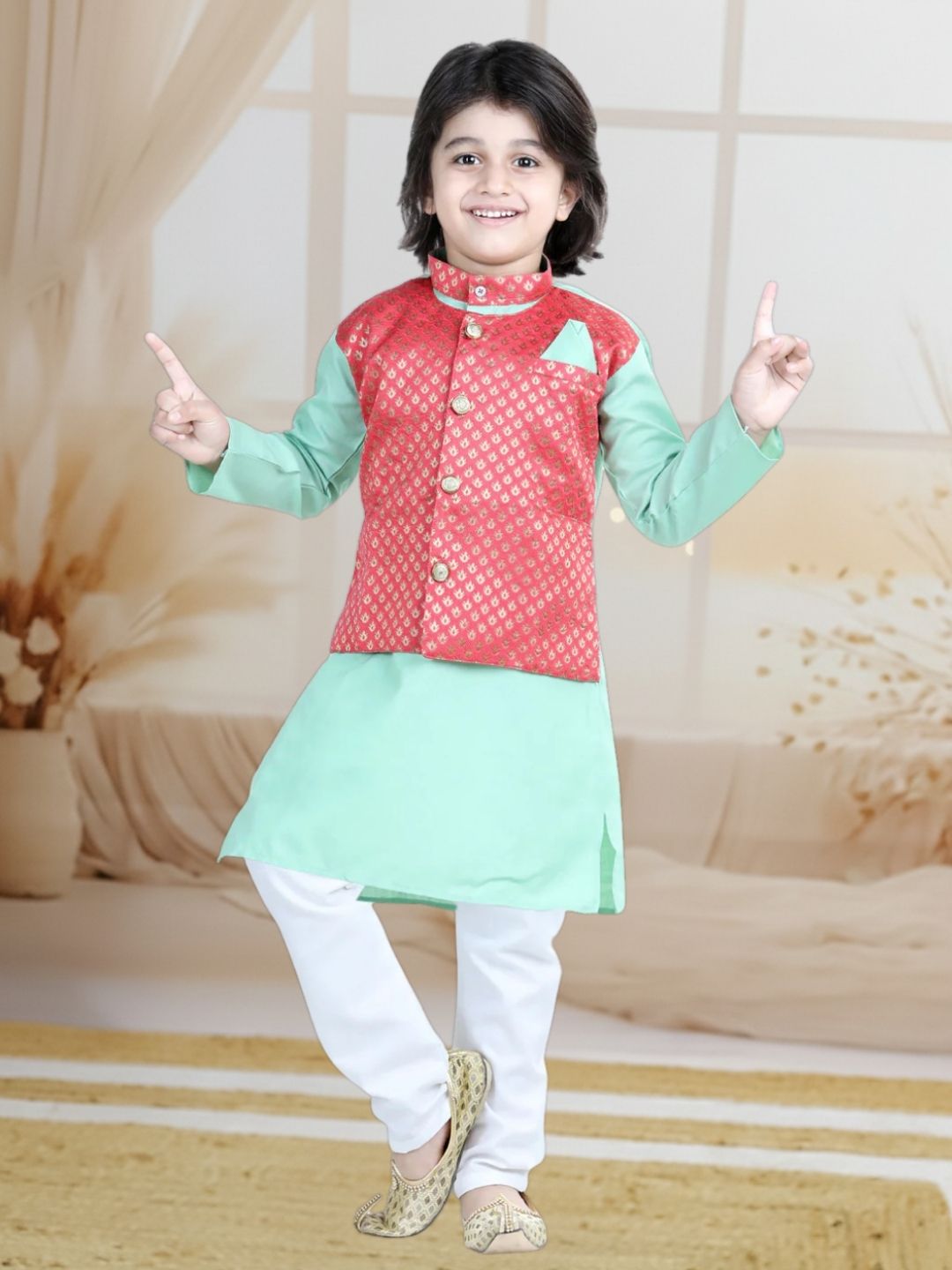 BownBee Attached Jacquard Jacket Kurta Pajama for Boys- Green