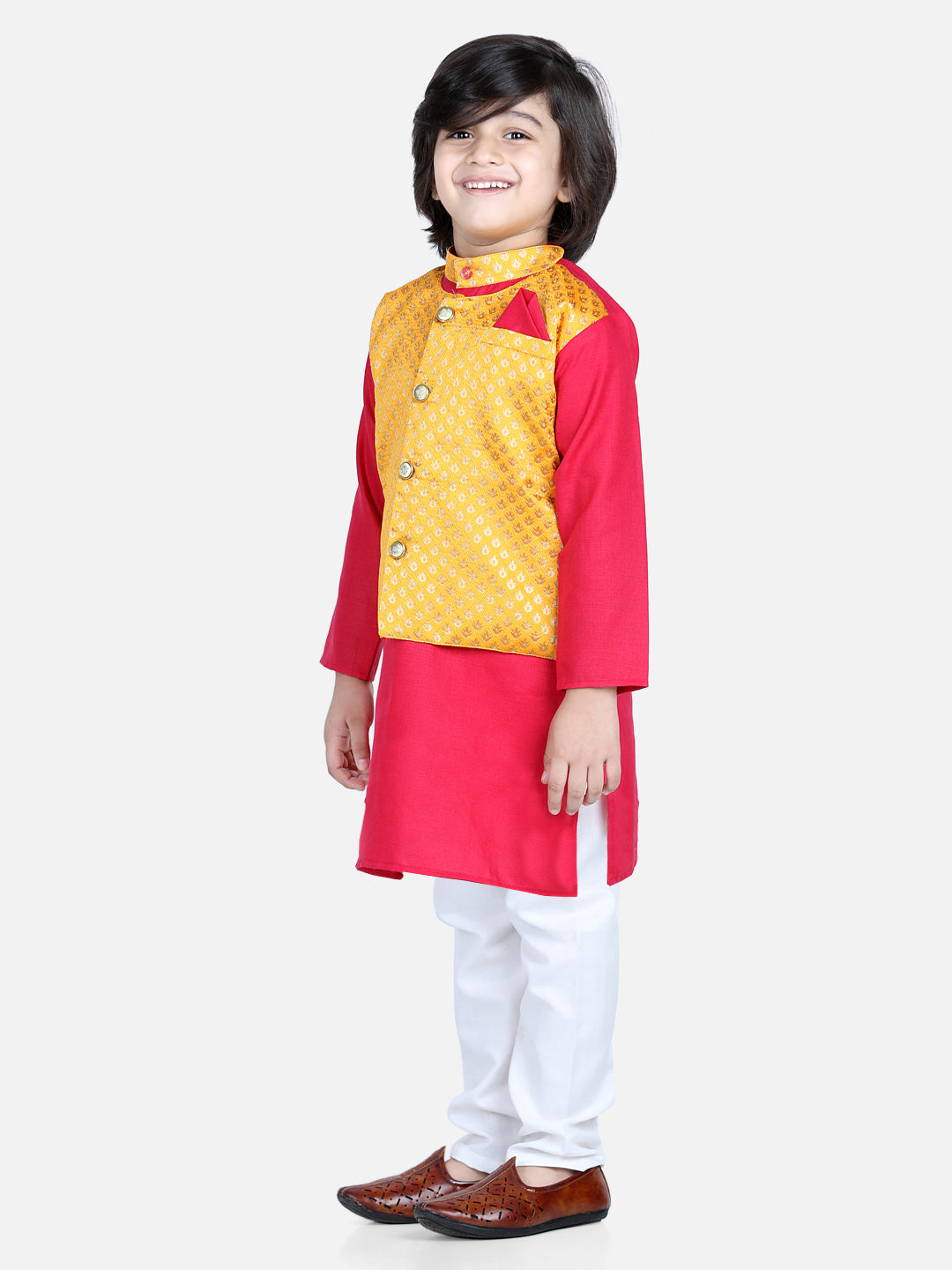 BownBee Attached Jacquard Jacket Kurta Pajama for Boys- Pink