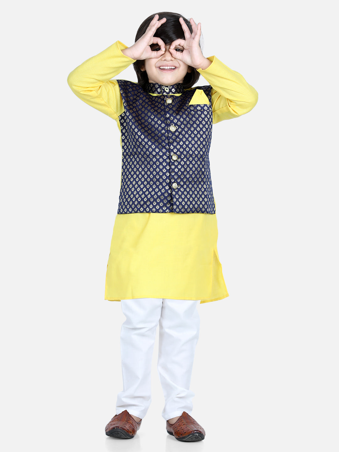 BownBee Sibling Sets Attached Jacquard Jacket Kurta Pajama for Boys Salwar Suit for Girls- Yellow