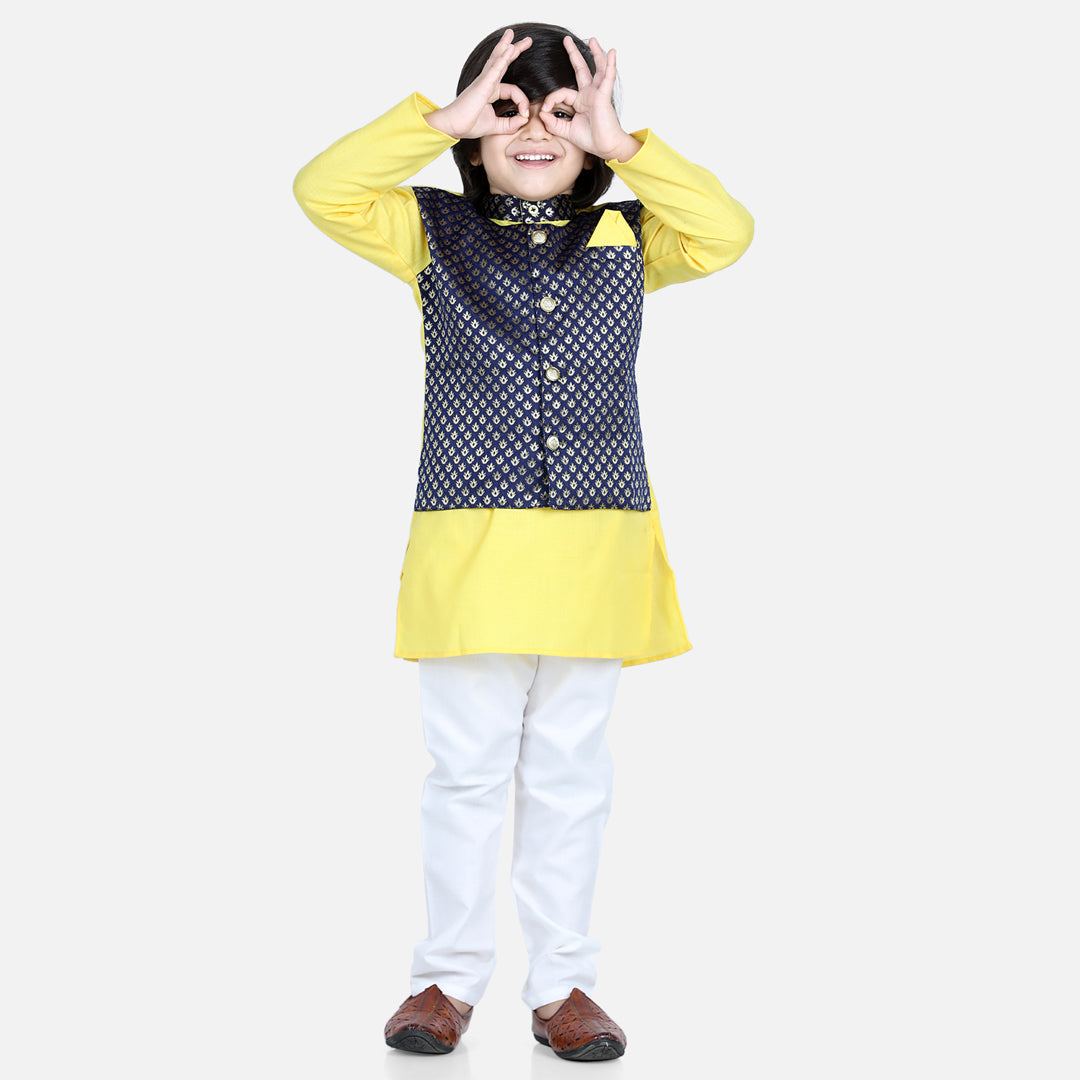 BownBee Full Sleeves Solid Kurta And Pyjama With Sleeveless Ethnic Motif Print Jacket Yellow
