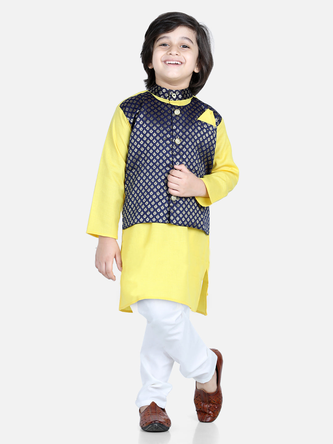 BownBee Sibling Sets Attached Jacquard Jacket Kurta Pajama for Boys Salwar Suit for Girls- Yellow