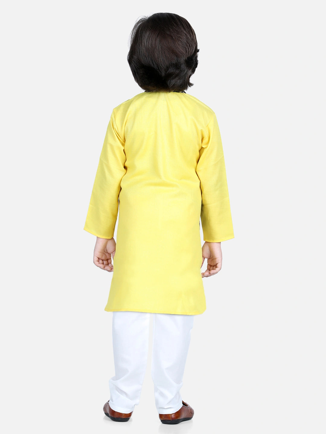 BownBee Full Sleeves Solid Kurta And Pyjama With Sleeveless Ethnic Motif Print Jacket Yellow