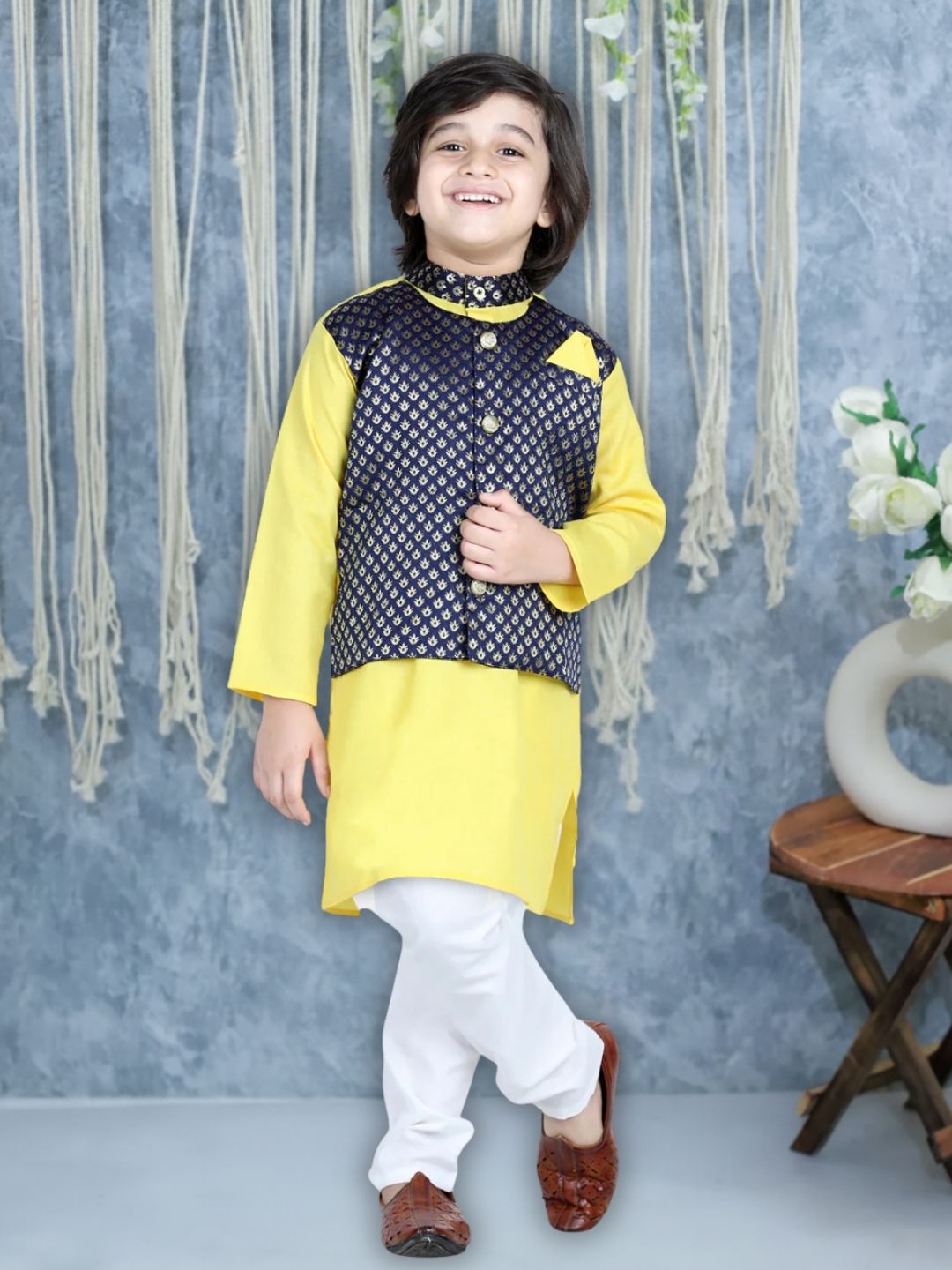 BownBee Attached Jacquard Jacket Kurta Pajama for Boys- Yellow