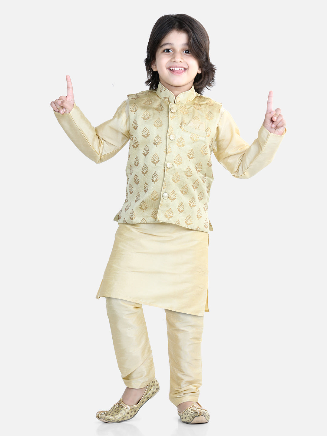 BownBee Silk Kurta Pajama With Jacquard Jacket for Boys (3 Piece Set) - Beige