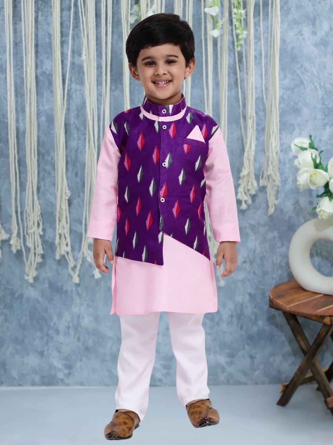 BownBee Attached Jacket Full Sleeve Kurta Pyjama-Pink