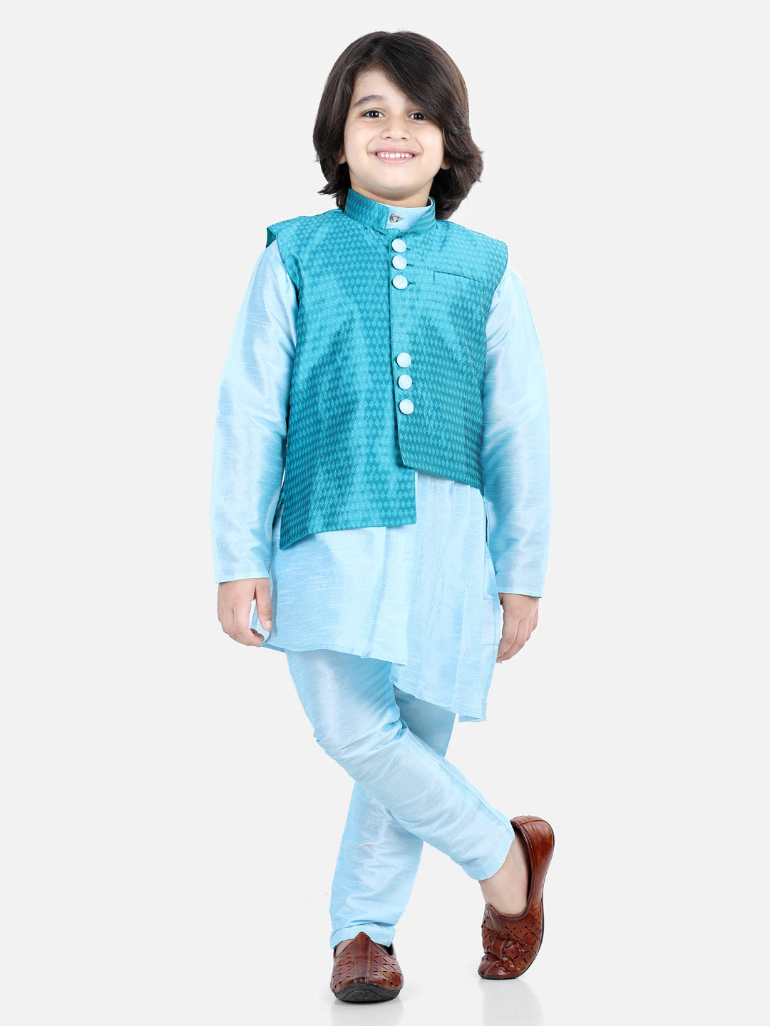 BownBee Asymmetric Kurta Pajama with Jacquard Jacket- Blue