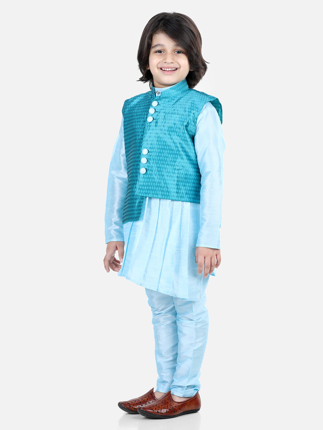BownBee Assymetric Kurta Pajama with Jacquard Jacket for Boys and Organza Cape Top with Sequined Net Lehenga for Girls- Blue