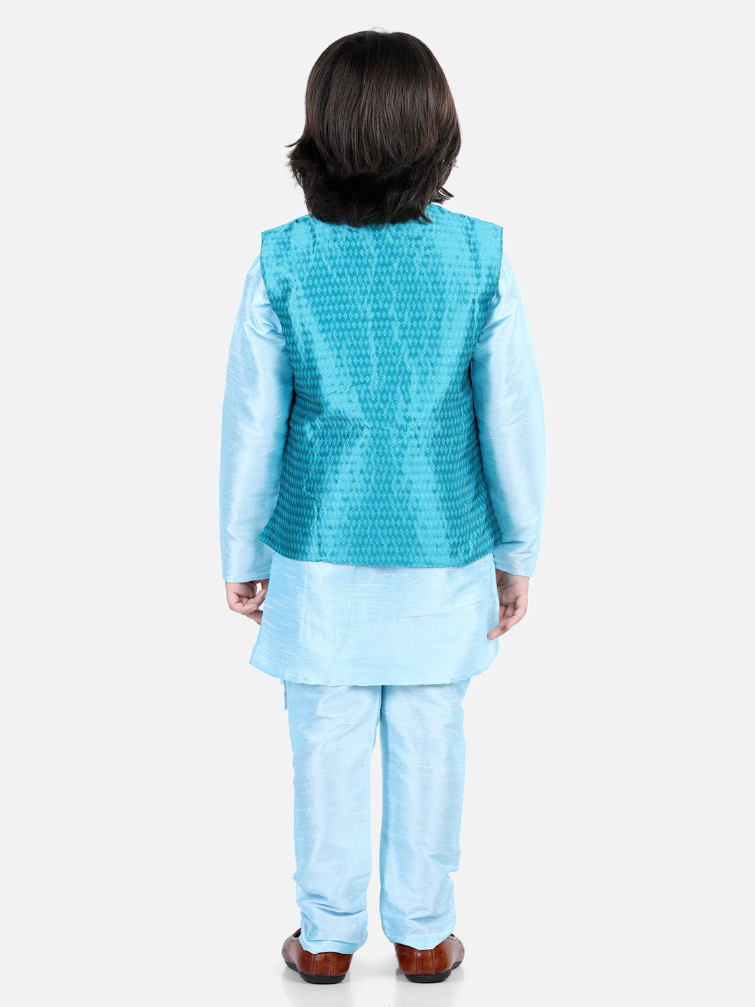 BownBee Asymmetric Kurta Pajama with Jacquard Jacket- Blue
