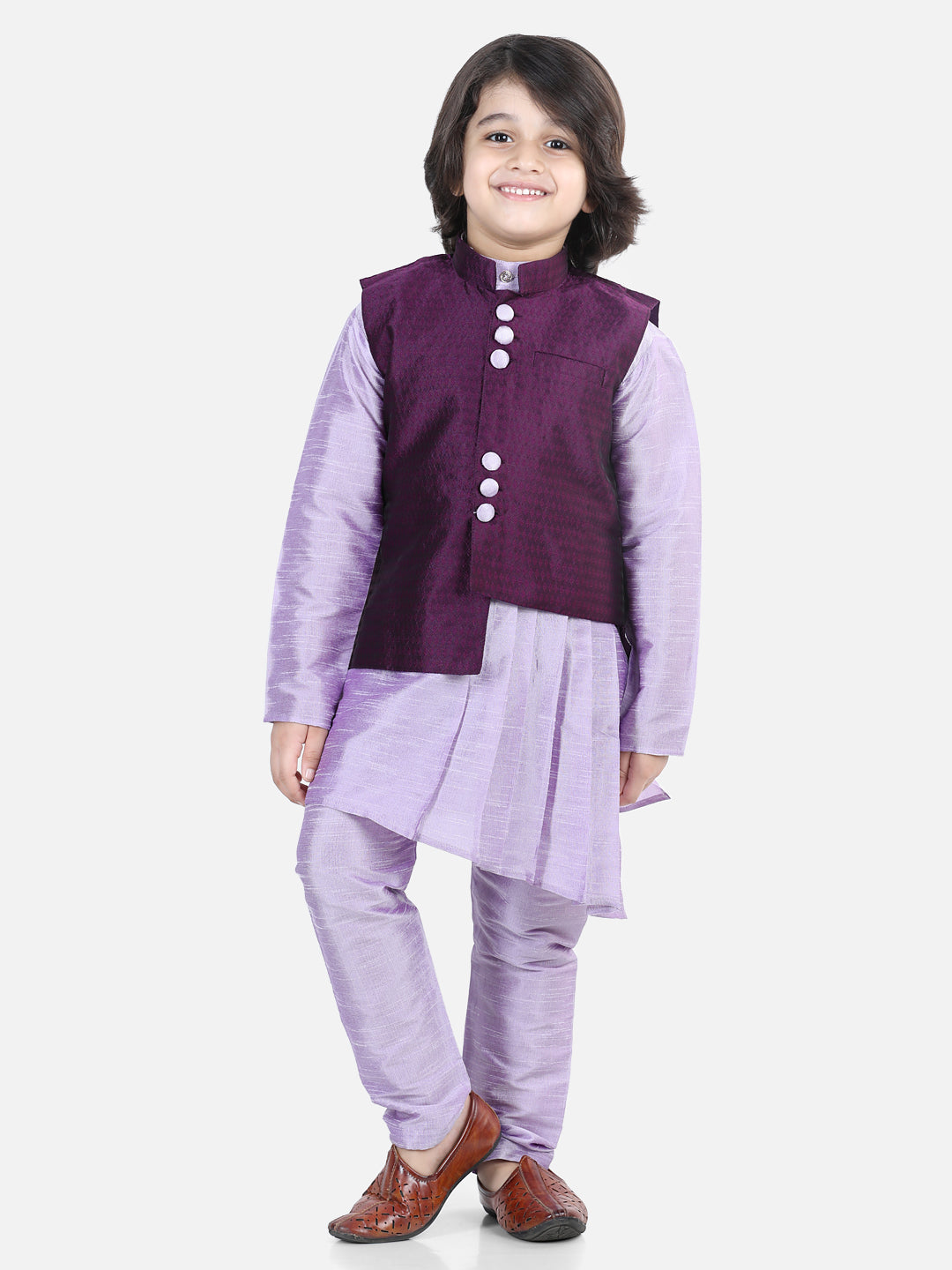 BownBee Assymetric Kurta Pajama with Jacquard Jacket- Purple