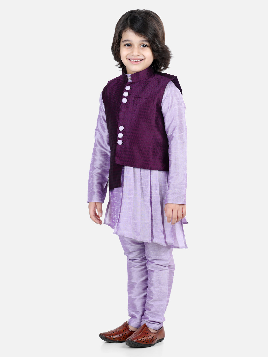 BownBee Assymetric Kurta Pajama with Jacquard Jacket- Purple