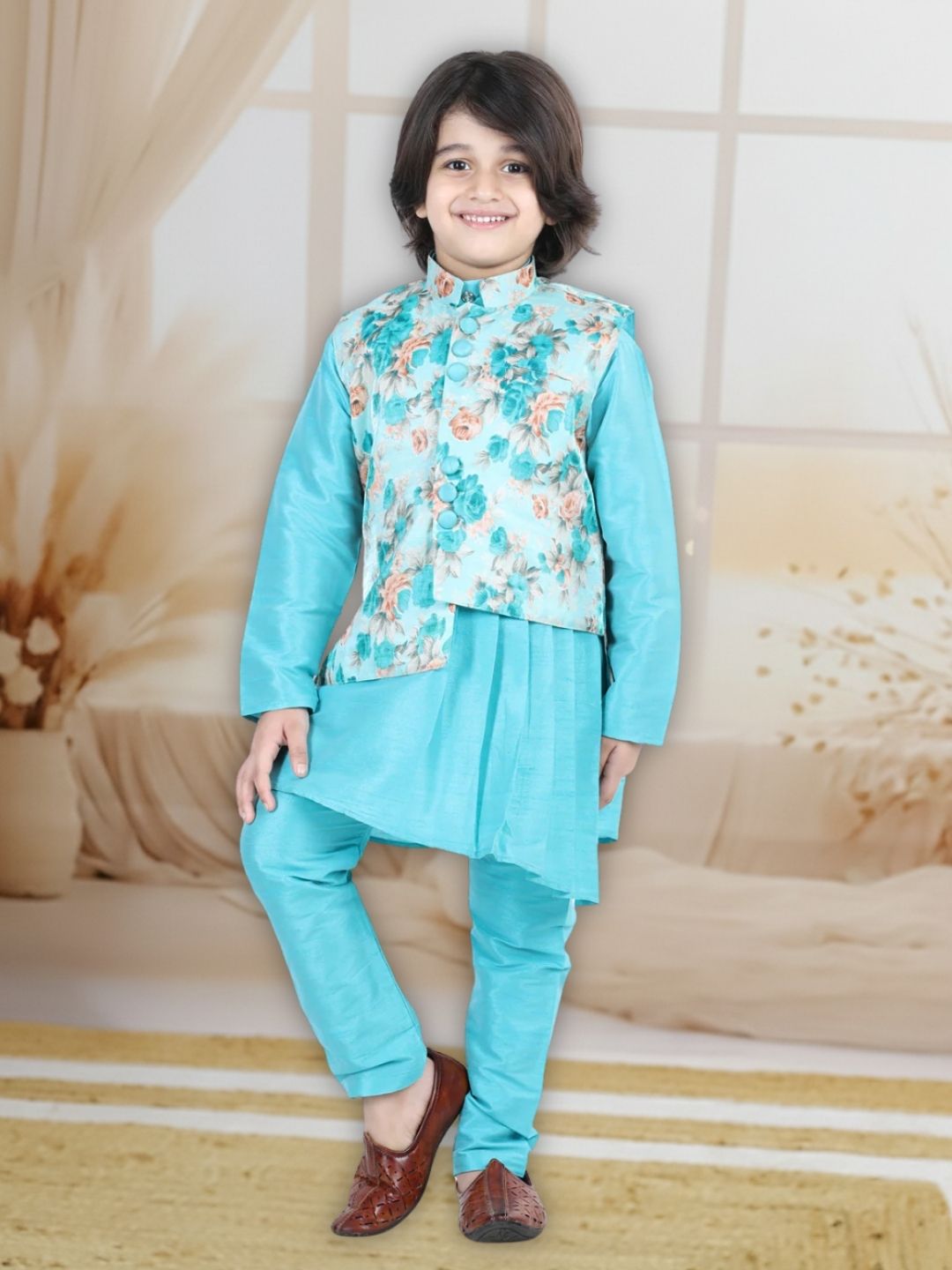 BownBee Assymetric Kurta Pajama with Jacket for Boys- Blue