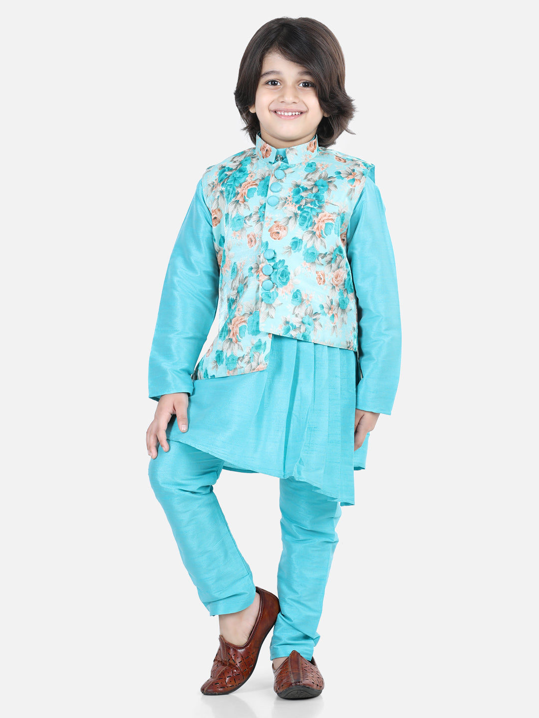 BownBee Assymetric Kurta Pajama with Jacket for Boys- Blue