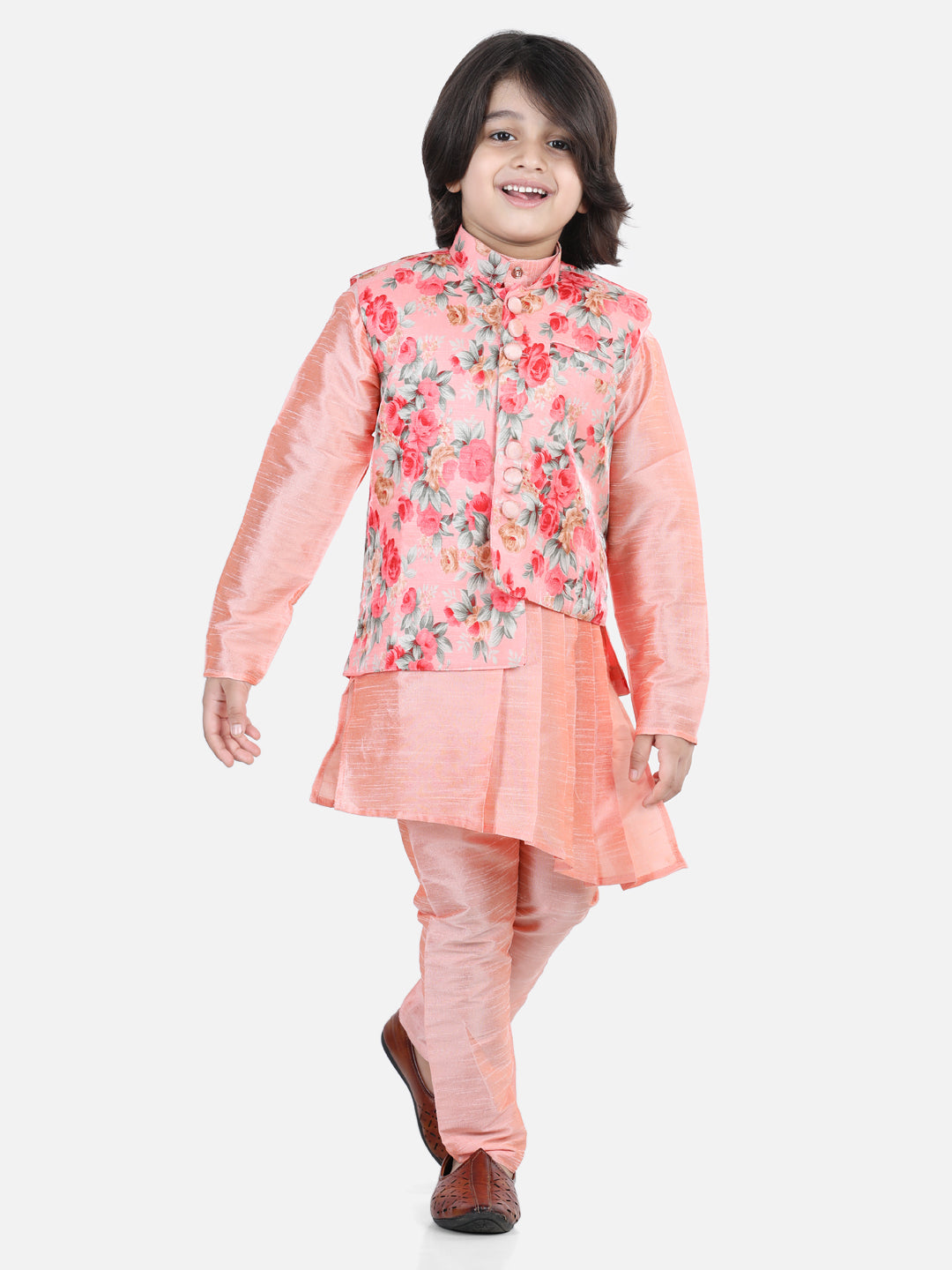 BownBee Assymetric Kurta Pajama with Jacket- Peach