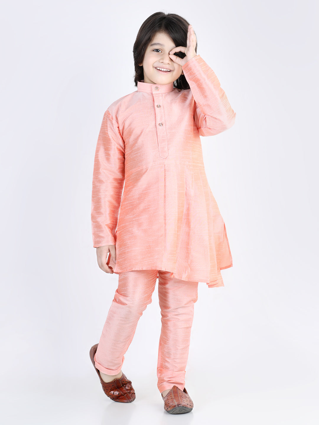 BownBee Assymetric Kurta Pajama with Jacket- Peach