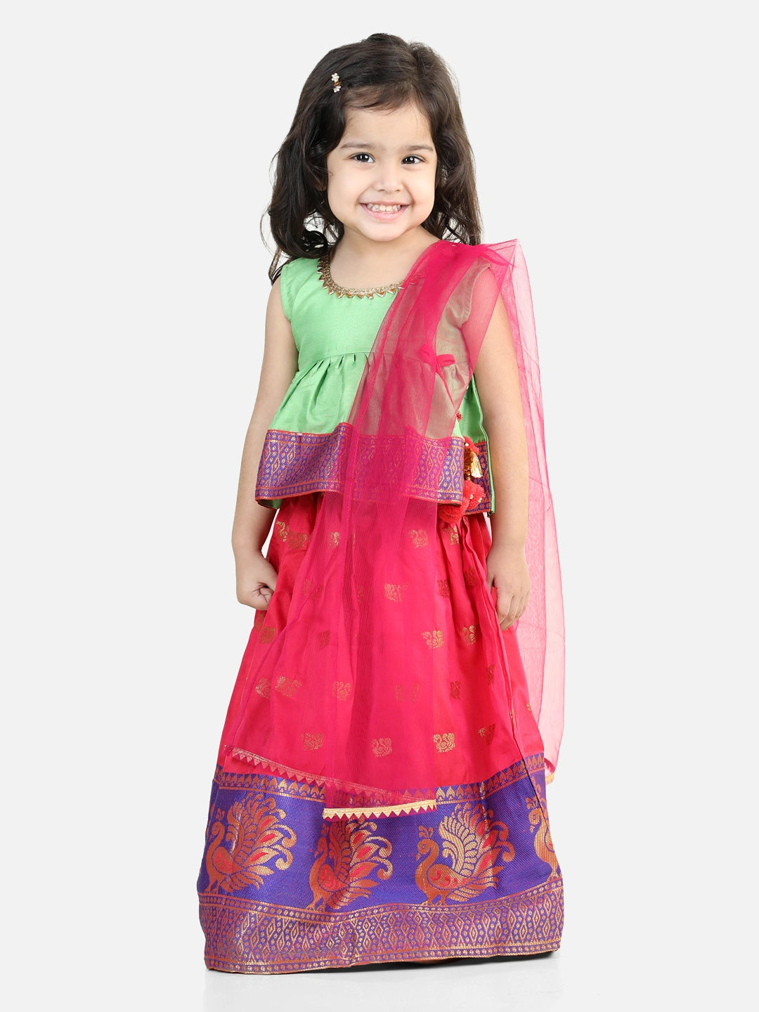 BownBee Sleeveless Ethnic Peacock Printed Lace Detailed Kurta  Lehenga With Dupatta
