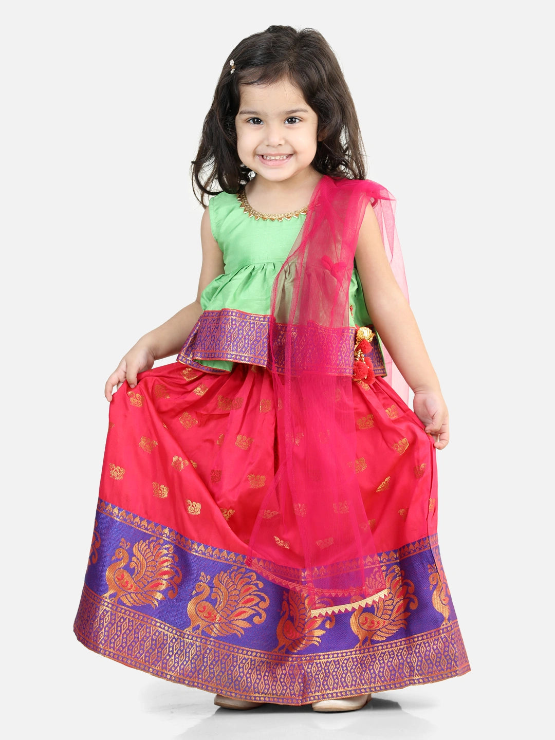 BownBee Sleeveless Ethnic Peacock Printed Lace Detailed Kurta  Lehenga With Dupatta