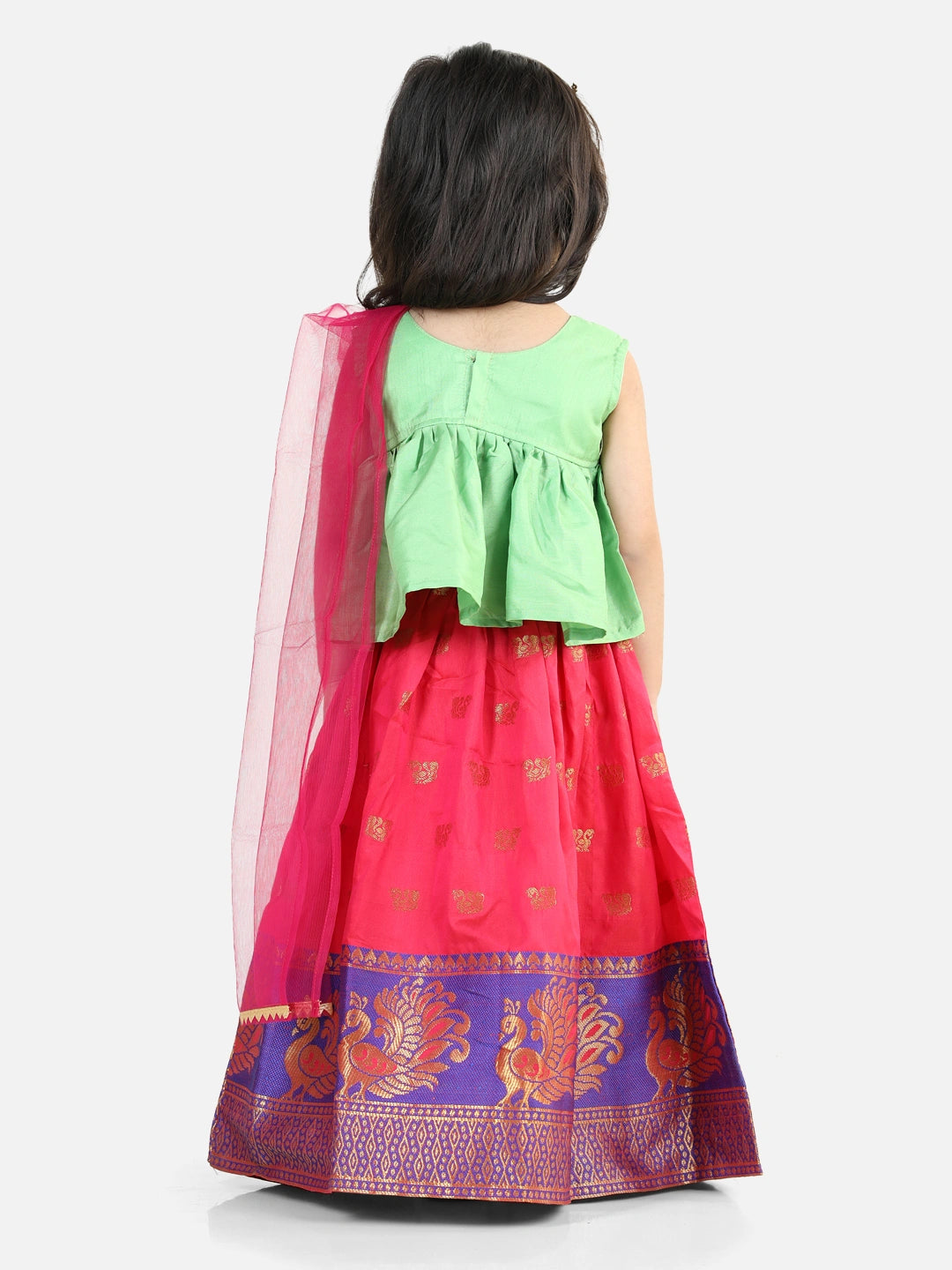 BownBee Sleeveless Ethnic Peacock Printed Lace Detailed Kurta  Lehenga With Dupatta