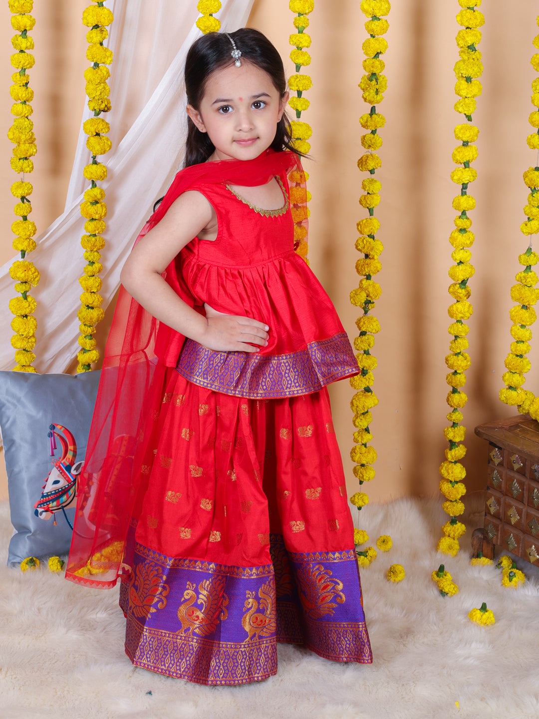 BownBee Girls Jacquard Lehenga with Flared Choli with Dupatta- Red