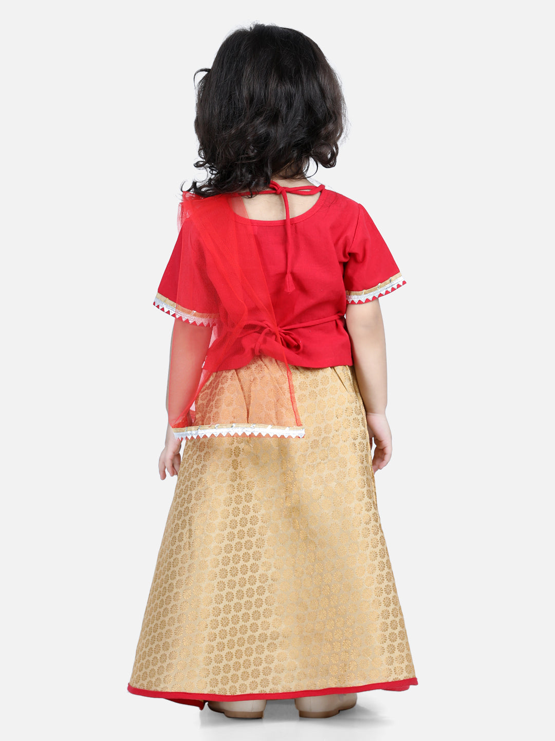 BownBee Sibling Cotton Kurta with Jacket and Front Open Cotton Top With Jacquard Lehenga-Red