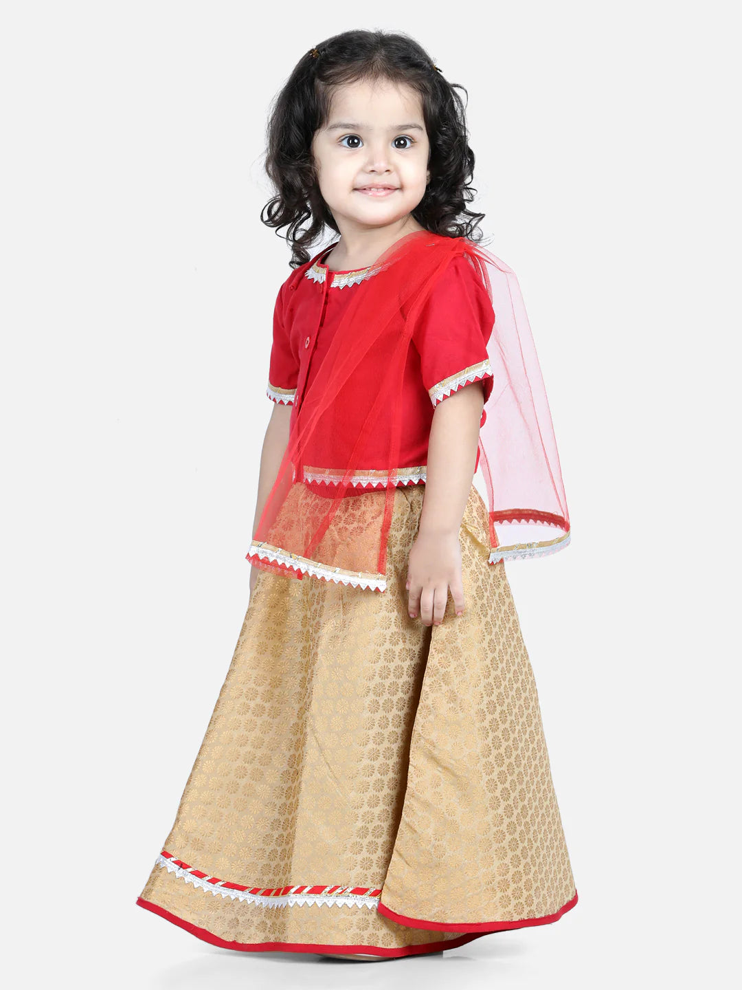 BownBee Half Sleeves Lace Embellished Top & Jacquard Detailed Lehenga With Dupatta