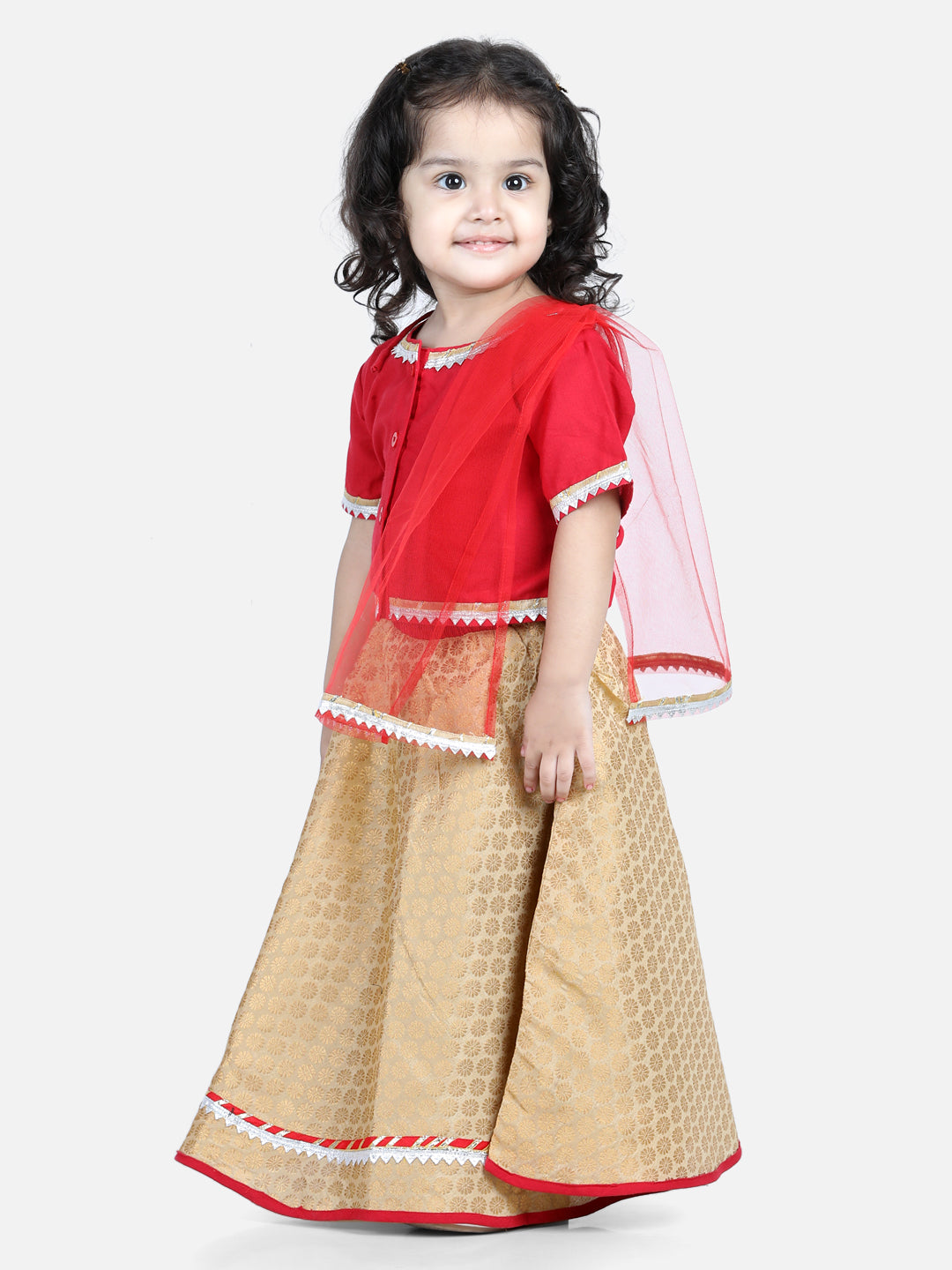 BownBee Sibling Cotton Kurta with Jacket and Front Open Cotton Top With Jacquard Lehenga-Red