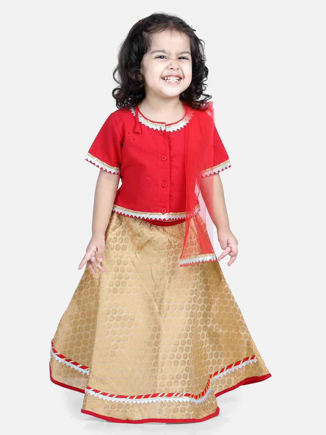 BownBee Sibling Cotton Kurta with Jacket and Front Open Cotton Top With Jacquard Lehenga-Red
