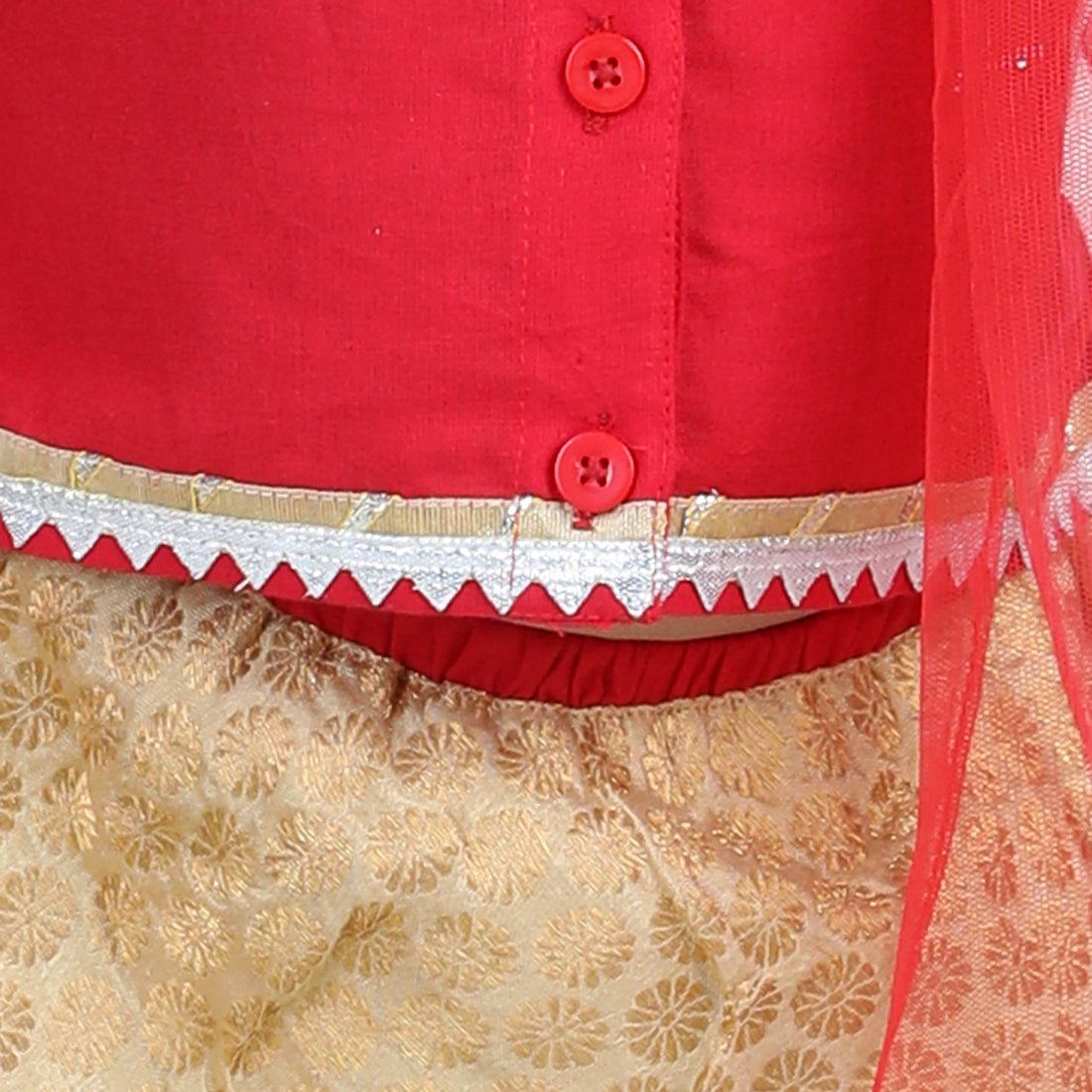 BownBee Sibling Cotton Kurta with Jacket and Front Open Cotton Top With Jacquard Lehenga-Red