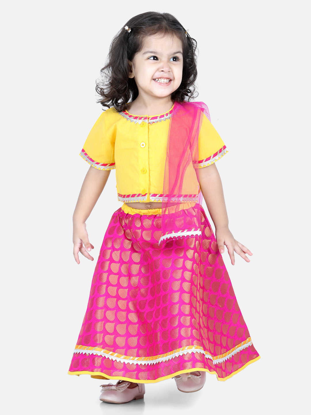 BownBee Sibling Cotton Kurta with Jacket and Front Open Cotton Top With Jacquard Lehenga-Yellow