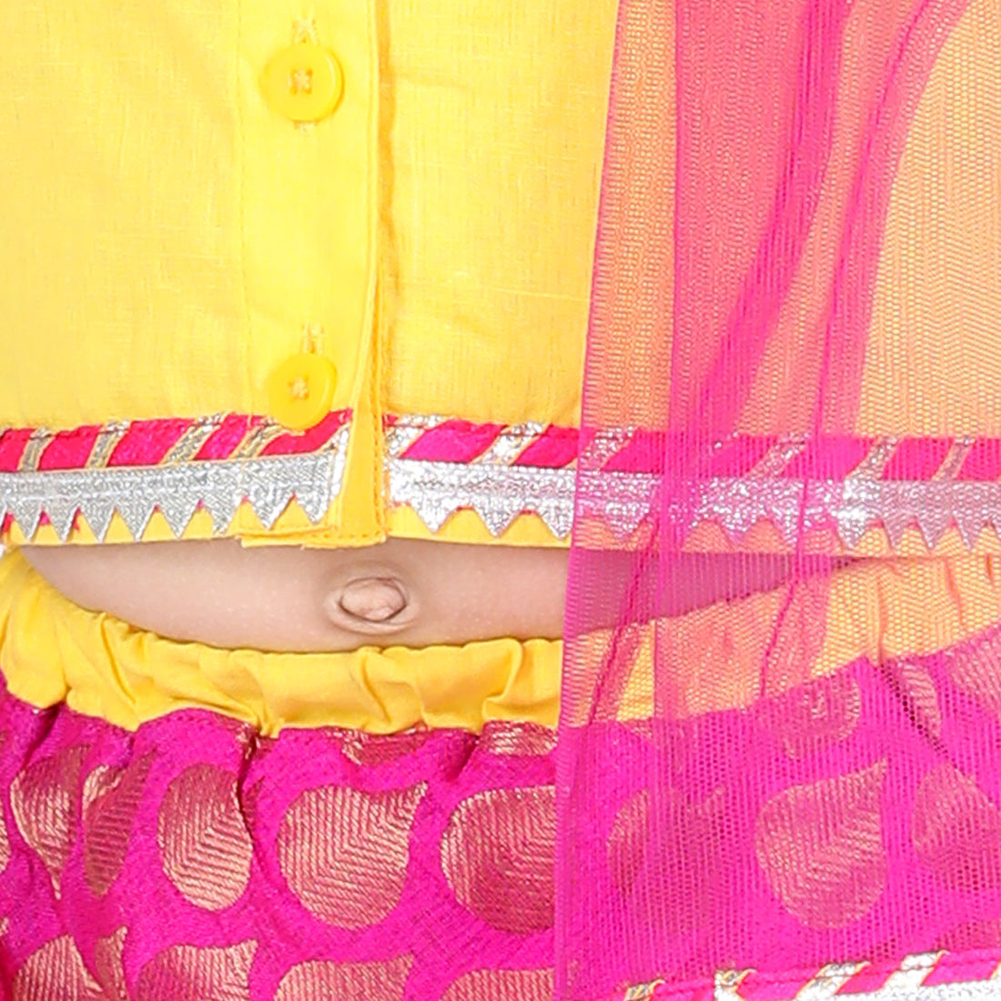 BownBee Sibling Cotton Kurta with Jacket and Front Open Cotton Top With Jacquard Lehenga-Yellow