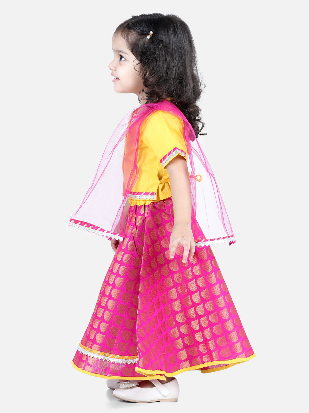 BownBee Sibling Cotton Kurta with Jacket and Front Open Cotton Top With Jacquard Lehenga-Yellow