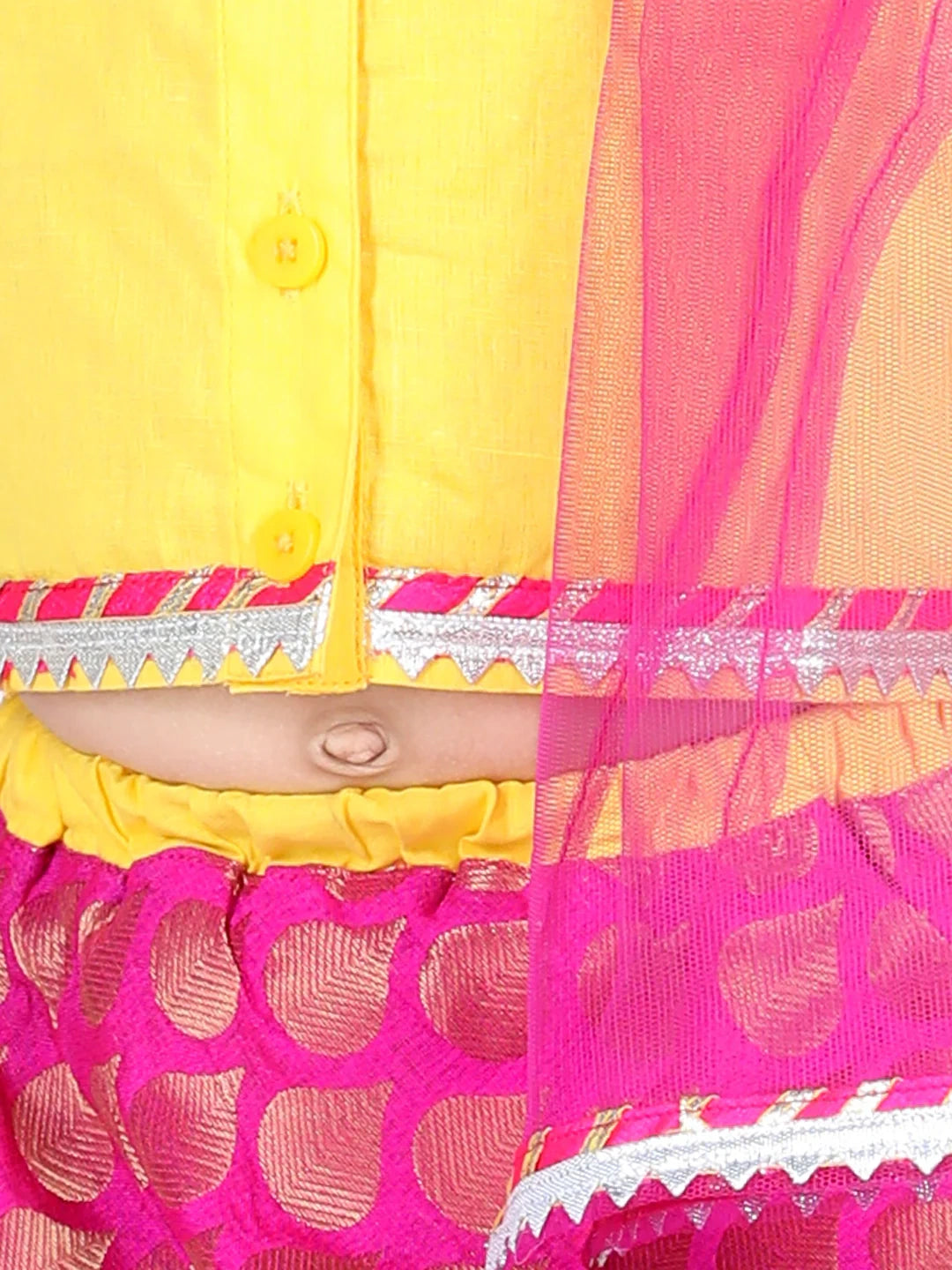 BownBee Half Sleeves Lace Embellished Top & Jacquard Detailed Lehenga With Dupatta For Girls