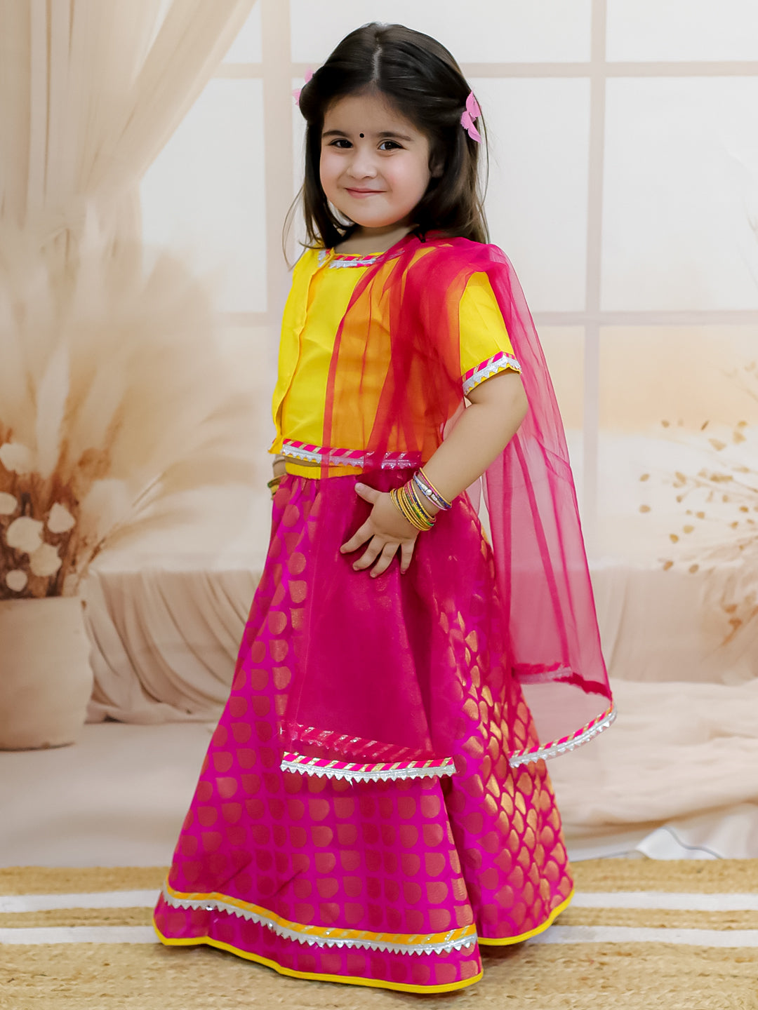 BownBee Sibling Set Cotton Dhoti Kurta with Jacket- Yellow with Front Open Cotton Top with Jacquard Lehenga for Girls- Yellow
