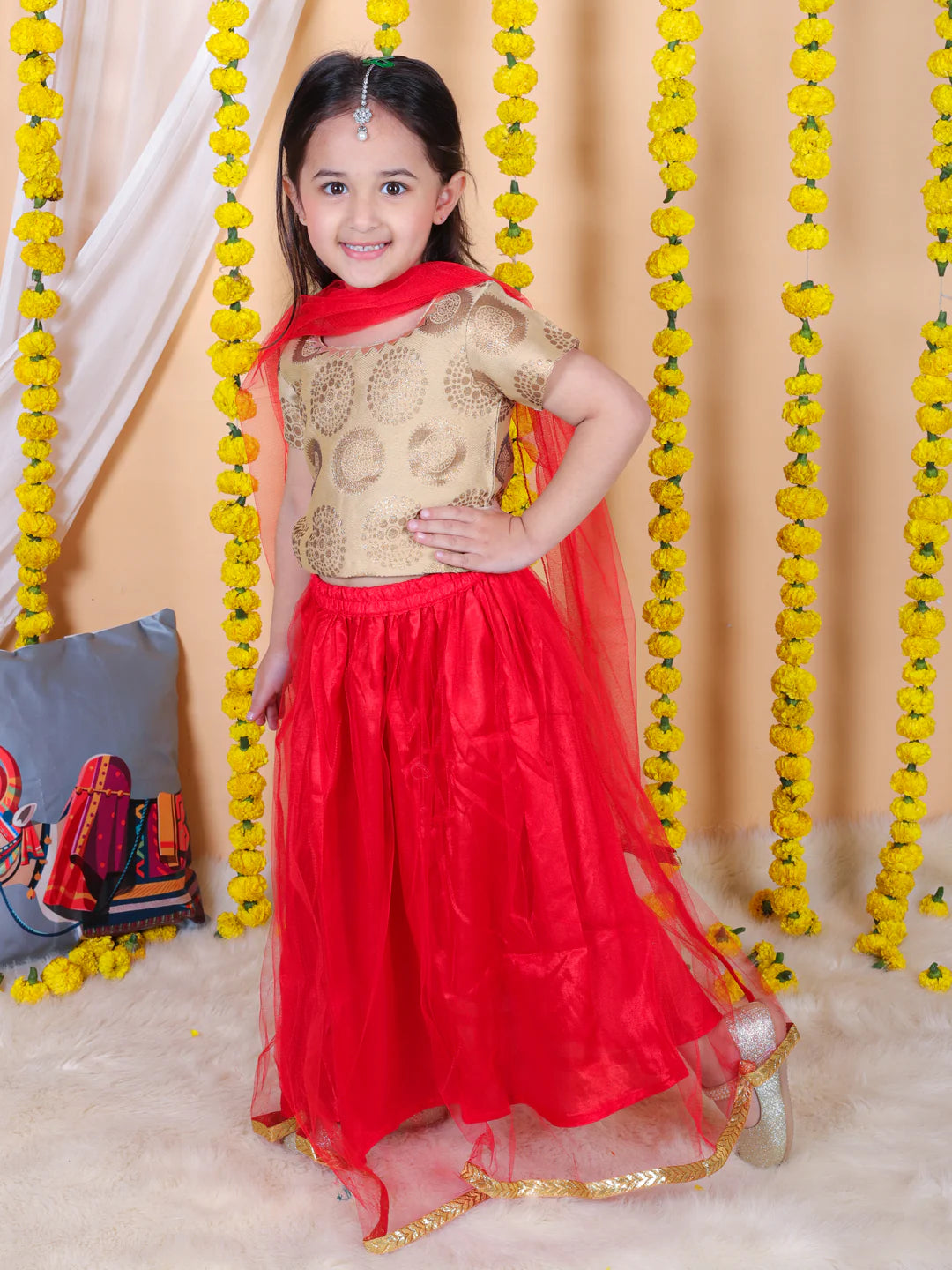 BownBee Girls Jacquard Top with Net Lehenga and Dupatta