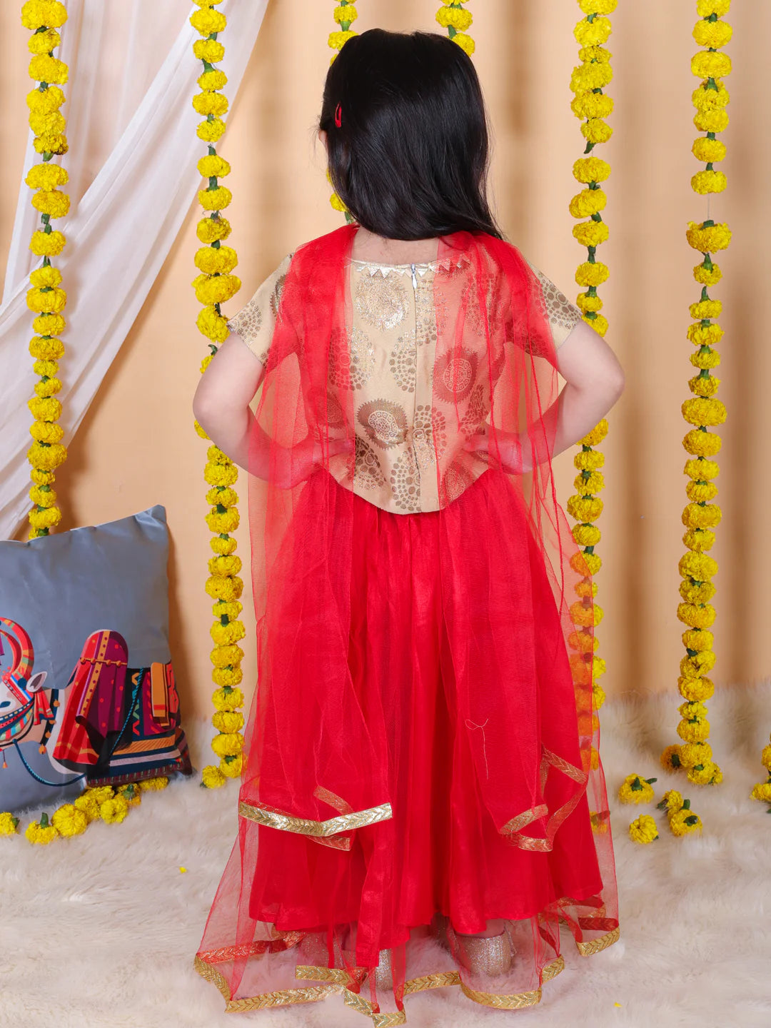 BownBee Girls Jacquard Top with Net Lehenga and Dupatta
