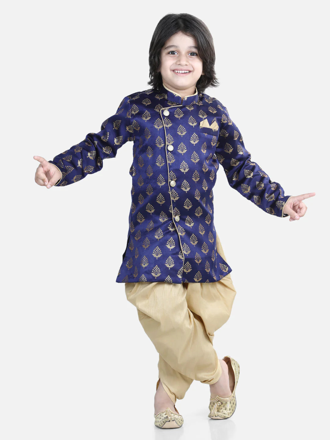 BownBee Sibling set Full Sleeve Jacquard Sherwani and Jacquard Top and Dhoti with attached Dupatta