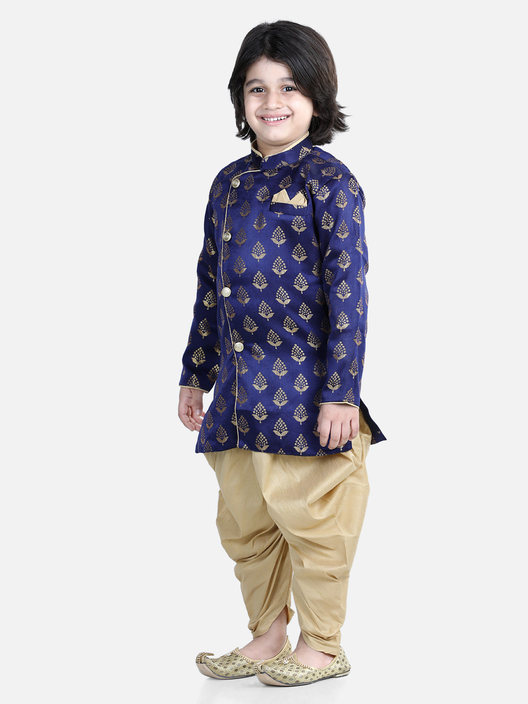 BownBee Sibling set Full Sleeve Jacquard Sherwani and Jacquard Top and Dhoti with attached Dupatta-Blue