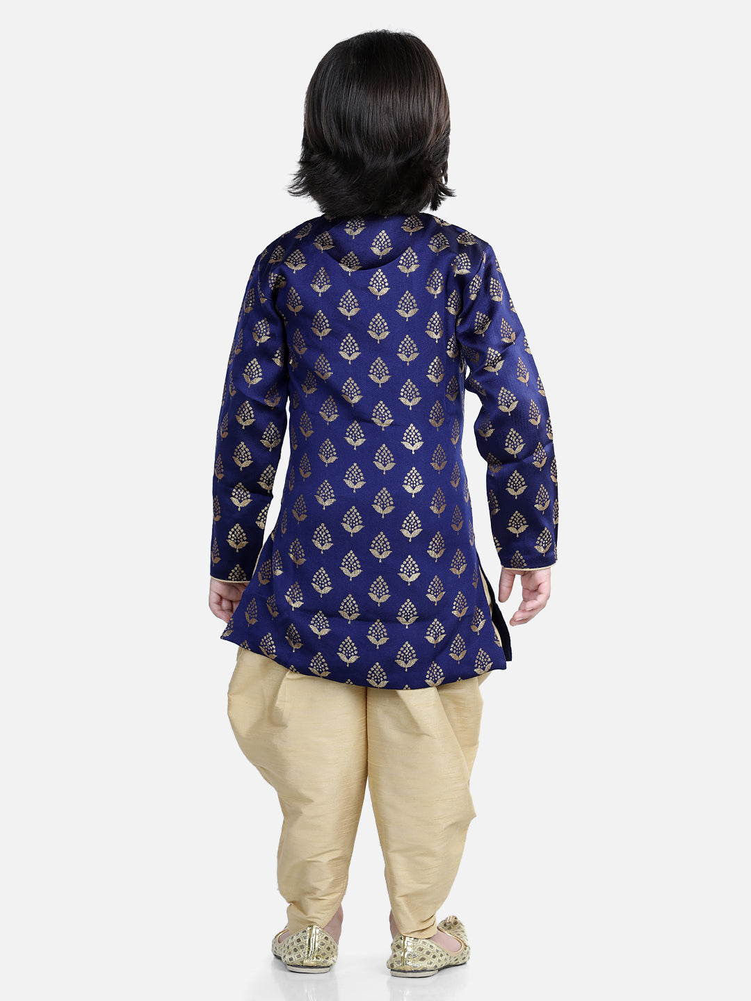 BownBee Sibling set Full Sleeve Jacquard Sherwani and Jacquard Top and Dhoti with attached Dupatta-Blue