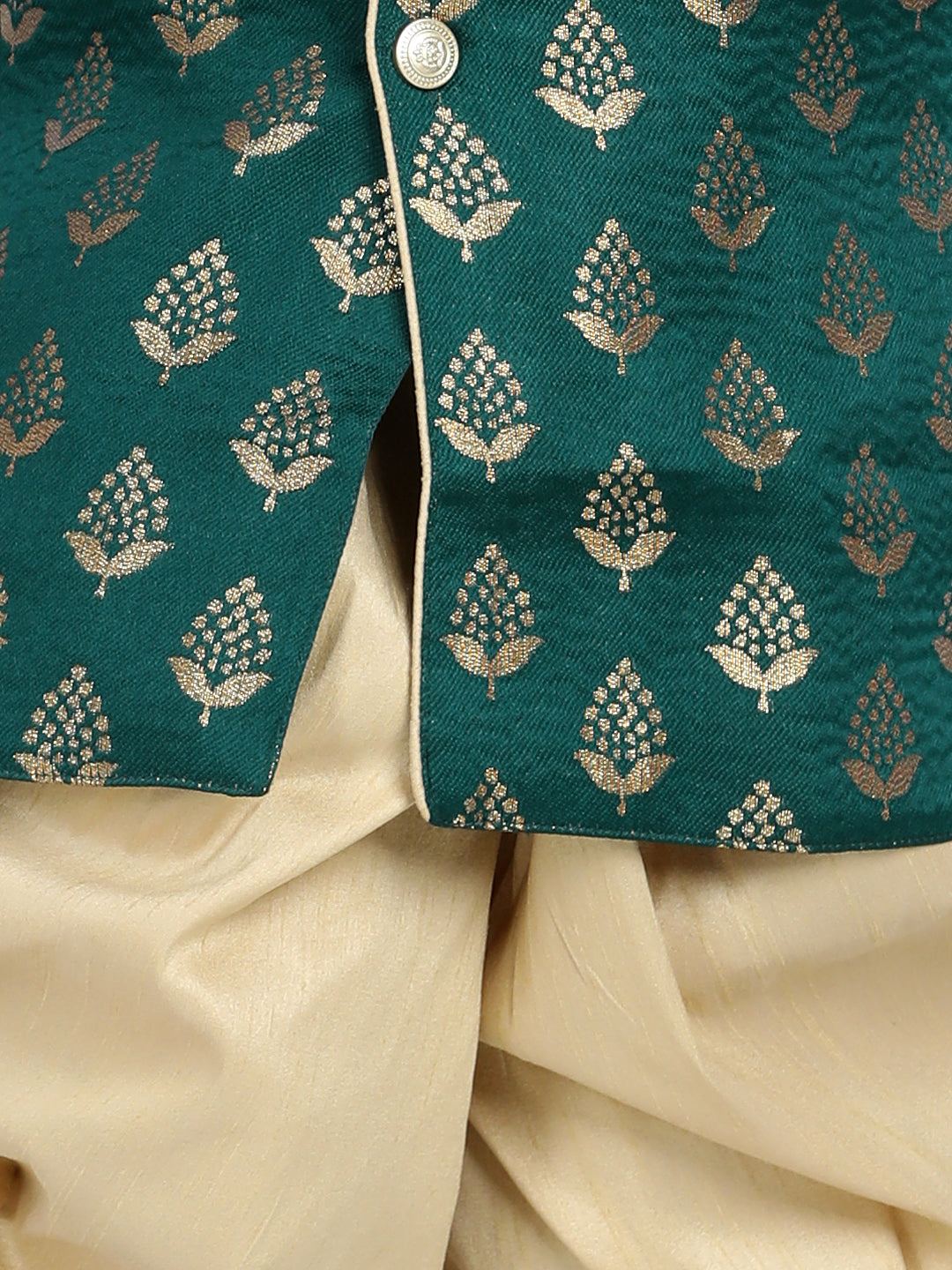 BownBee Sibling set Full Sleeve Jacquard Sherwani and Jacquard Top and Dhoti with attached Dupatta-Green