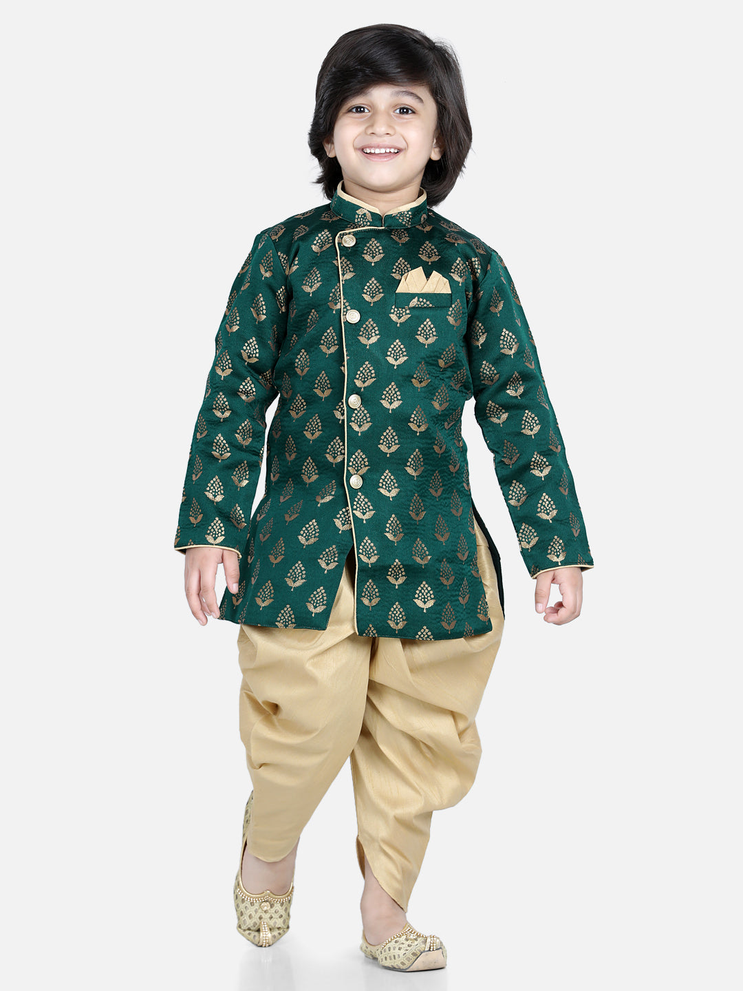 BownBee Sibling set Full Sleeve Jacquard Sherwani and Jacquard Top and Dhoti with attached Dupatta-Green