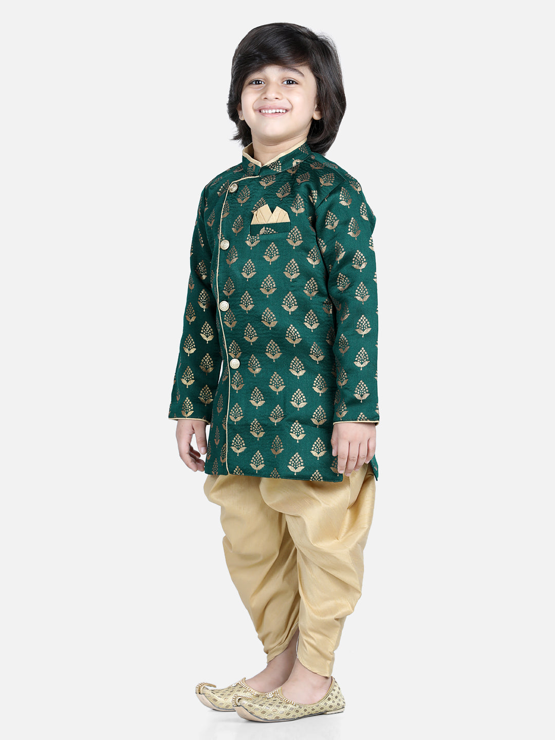 BownBee Sibling set Full Sleeve Jacquard Sherwani and Jacquard Top and Dhoti with attached Dupatta-Green
