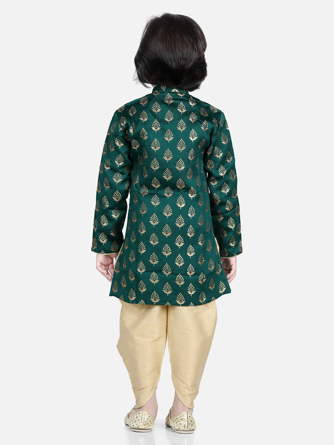 BownBee Sibling set Full Sleeve Jacquard Sherwani and Jacquard Top and Dhoti with attached Dupatta-Green